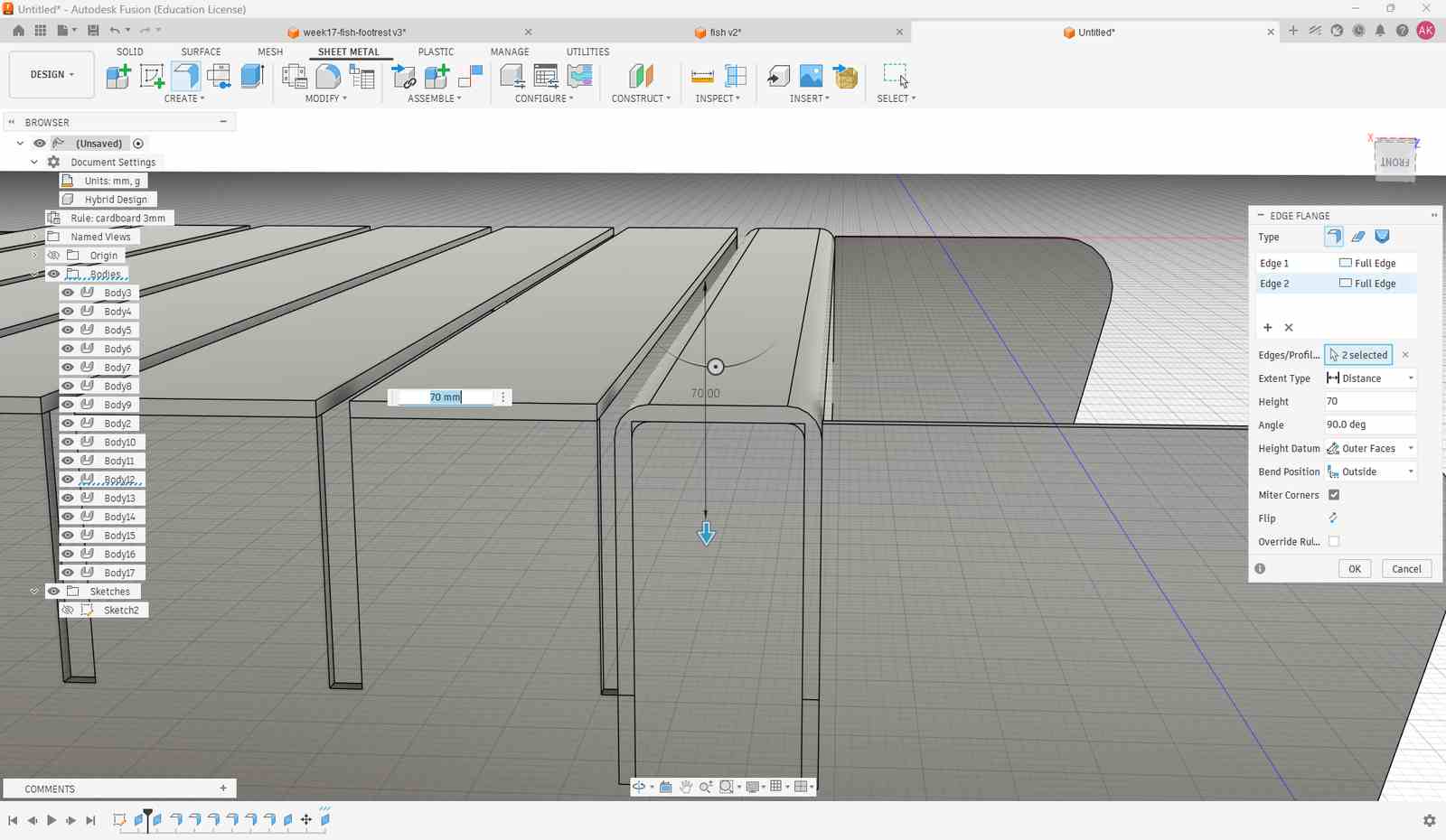 Click Create > Flange. Since the base flanges have been created, we can click on the lower linear edge where the flange needs to be created. Since the bend position is set to Outside, the bend starts from the selected edge, and the new vertical flange wall is created outside that edge.